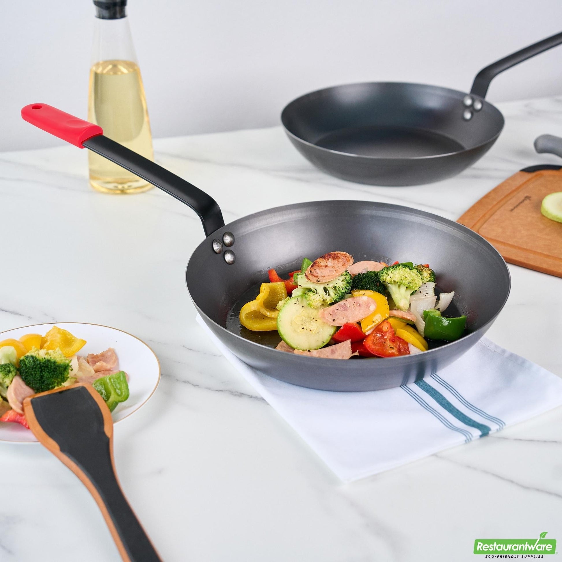 Wholesale Restaurantware Bundle: 1 Black Carbon Steel 12" Pre-Seasoned Fry Pan and 1 Sleeve- Bulk