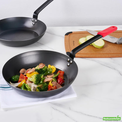 Wholesale Restaurantware Bundle: 1 Black Carbon Steel 12" Pre-Seasoned Fry Pan and 1 Sleeve- Bulk