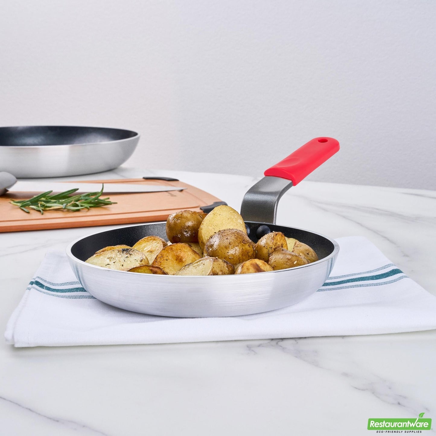 Wholesale Restaurantware Bundle: 6 Aluminum 8" Induction Ready Fry Pans and 6 Red Sleeves- Bulk