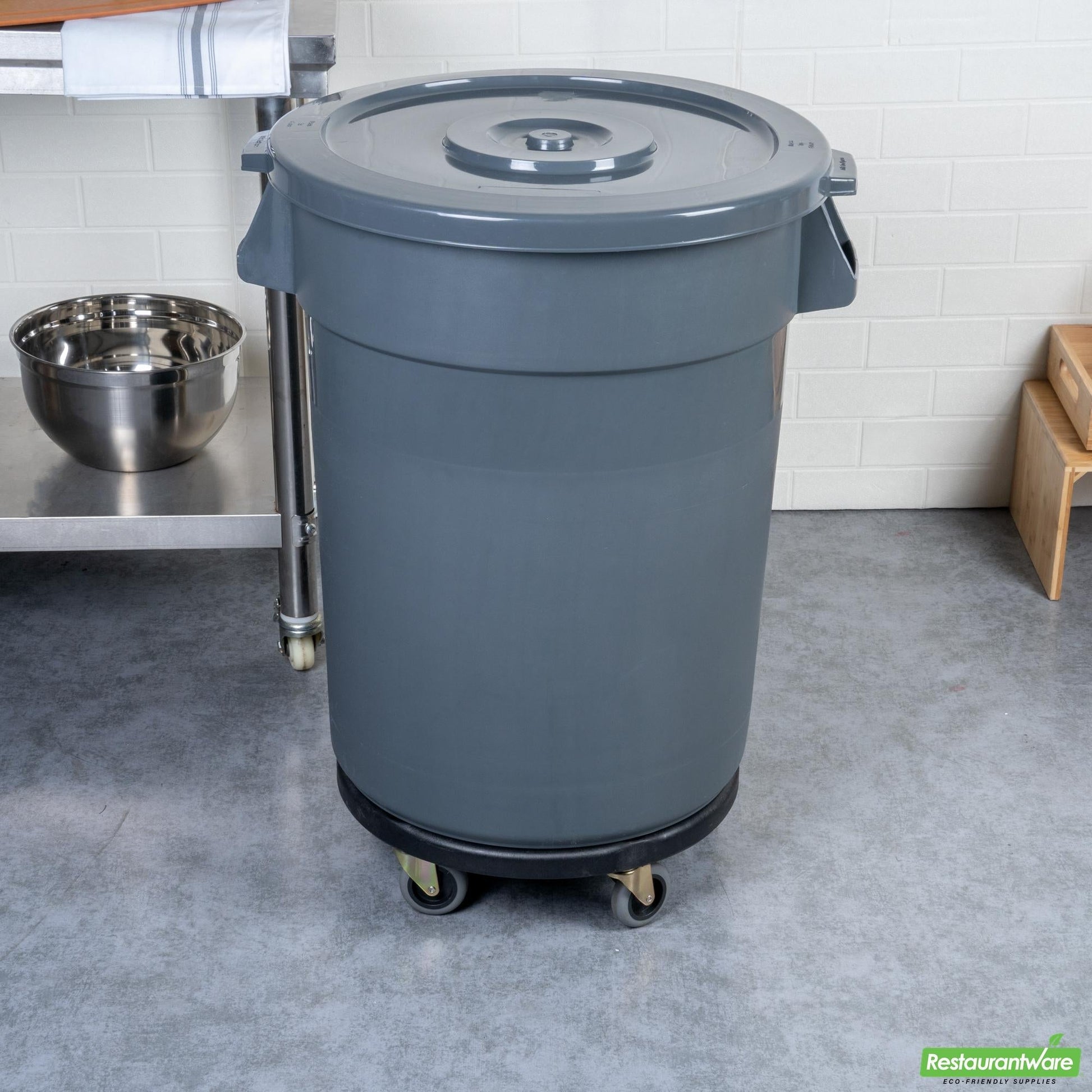Wholesale Restaurantware Bundle: Gray 20 Gal Plastic Trash Can and Lid and Dolly- Bulk