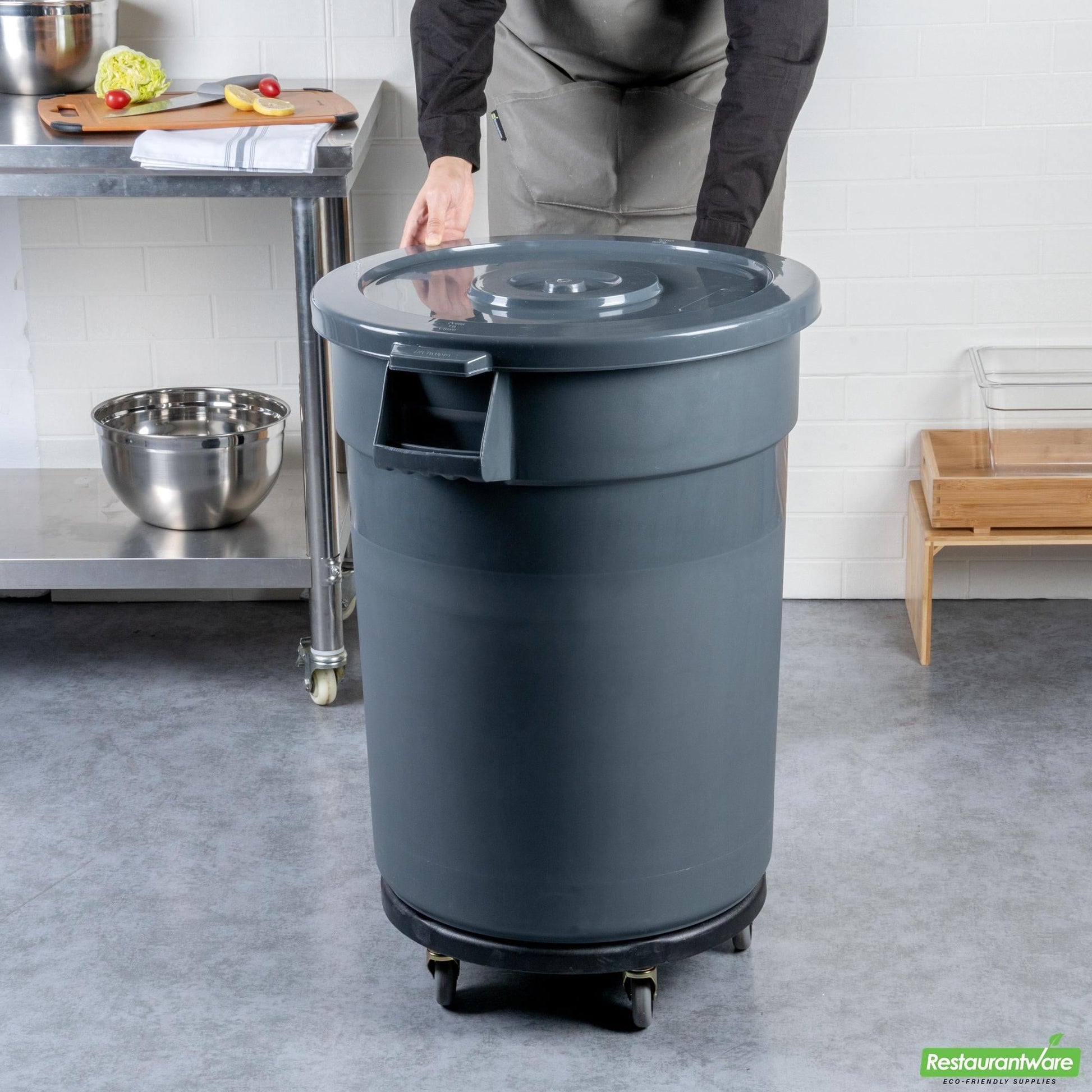 Wholesale Restaurantware Bundle: Gray 20 Gal Plastic Trash Can and Lid and Dolly- Bulk