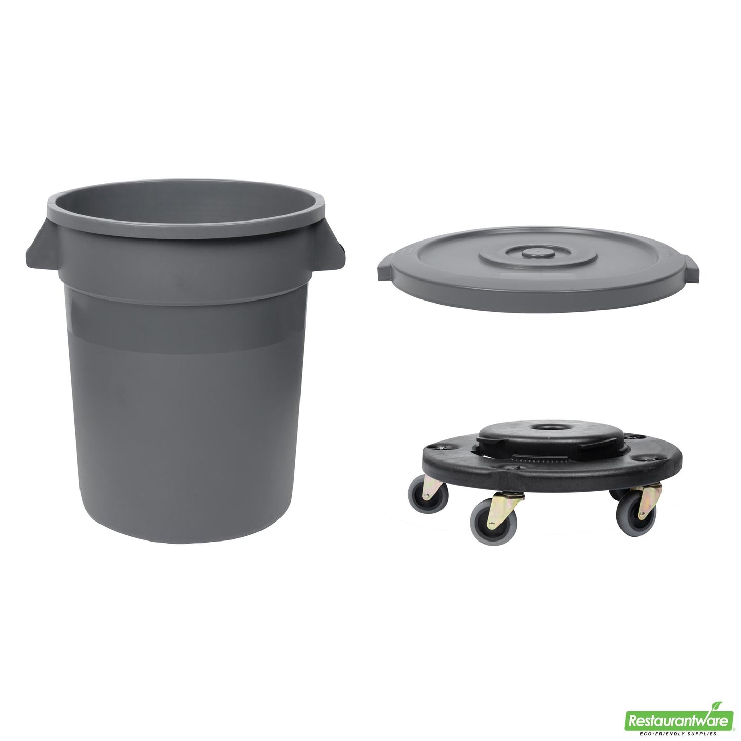 Wholesale Restaurantware Bundle: Gray 20 Gal Plastic Trash Can and Lid and Dolly- Bulk
