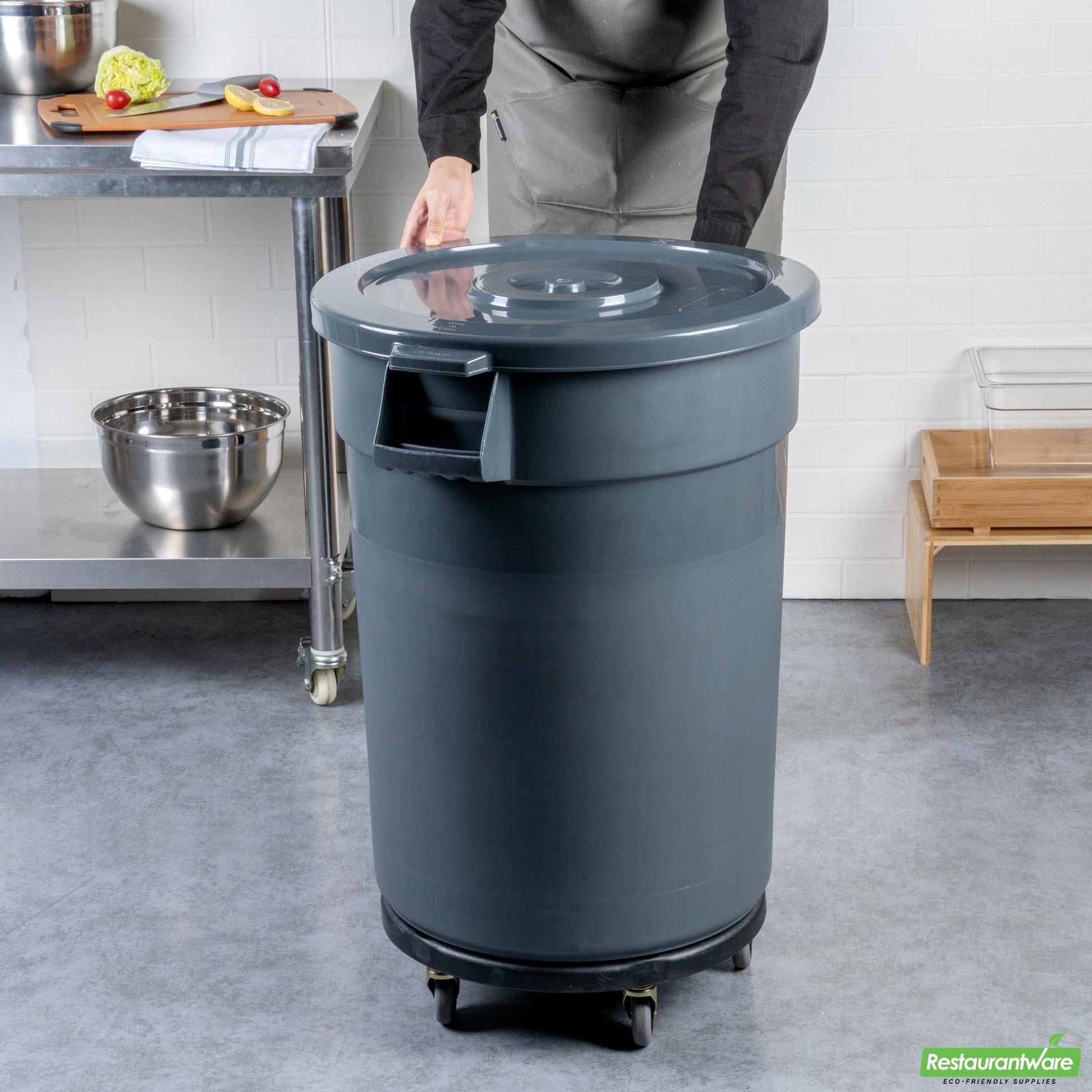 Wholesale Restaurantware Bundle: Gray 32 Gal Plastic Trash Can and Lid and Dolly- Bulk