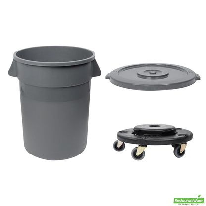 Wholesale Restaurantware Bundle: Gray 32 Gal Plastic Trash Can and Lid and Dolly- Bulk