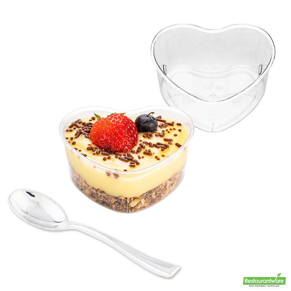 Wholesale Restaurantware Bundle: 100 5 Oz Clear Mini Heart Cups and 100 Silver 4 Spoons- Bulk
