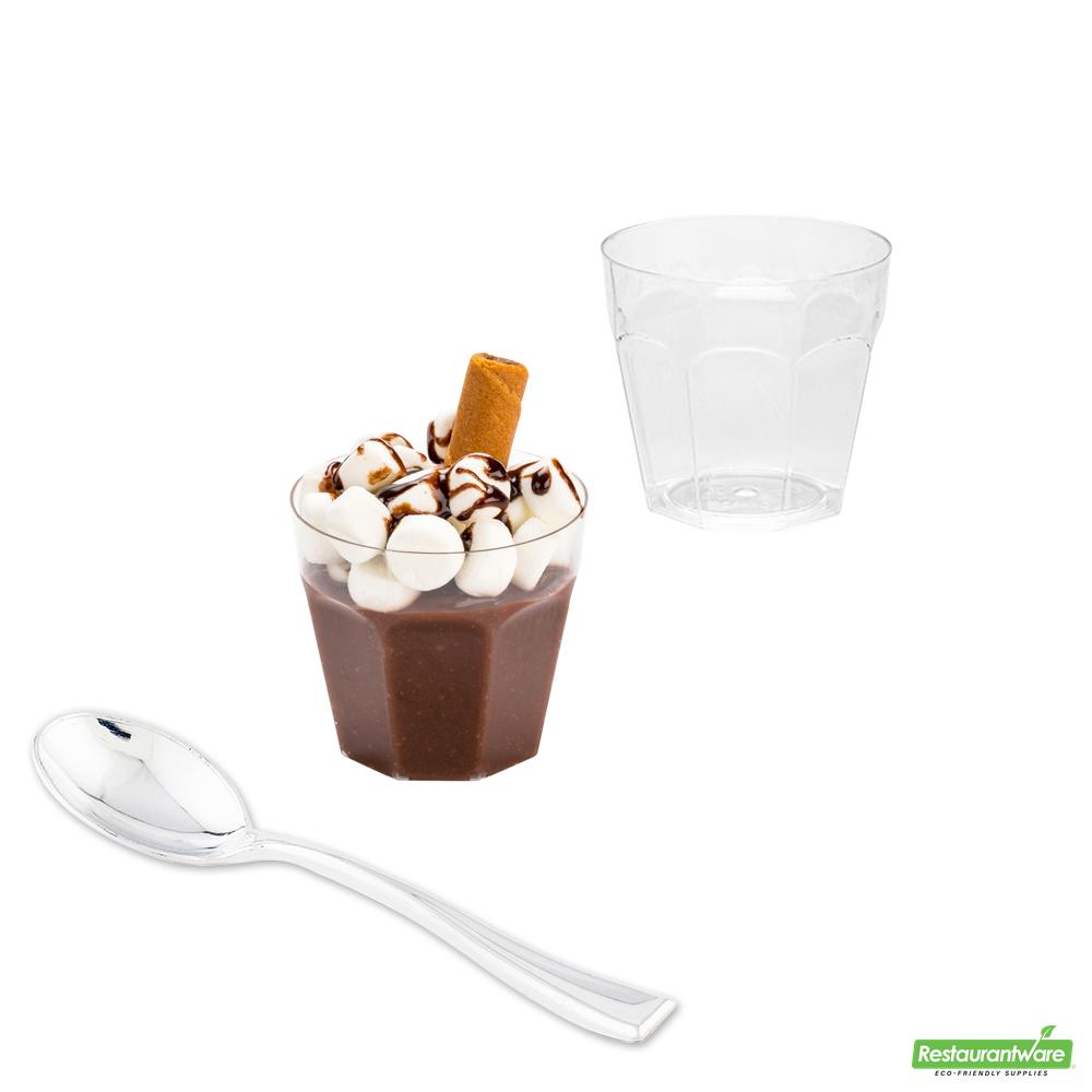 Wholesale Restaurantware Bundle: 100 5 Oz Round Clear Mini Pilsner Cups and 100 Silver 4 Spoons- Bulk