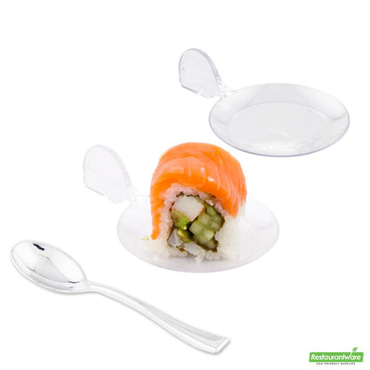 Wholesale Restaurantware Bundle: 100 Clear 3.7 Plastic Fish Tasting Plates and 100 Plastic 4 Spoons- Bulk
