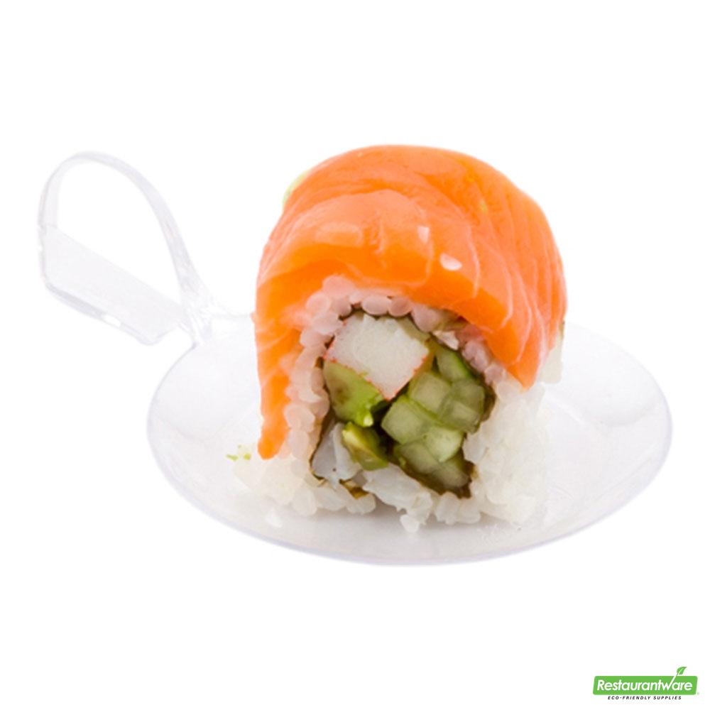Wholesale Restaurantware Bundle: 100 Clear 3.7 Plastic Fish Tasting Plates and 100 Plastic 4 Spoons- Bulk