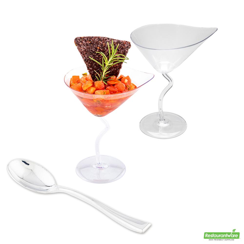 Wholesale Restaurantware Bundle: 100 3 Oz Clear Dekko Martini Glass and 100 Silver 4 Spoons- Bulk