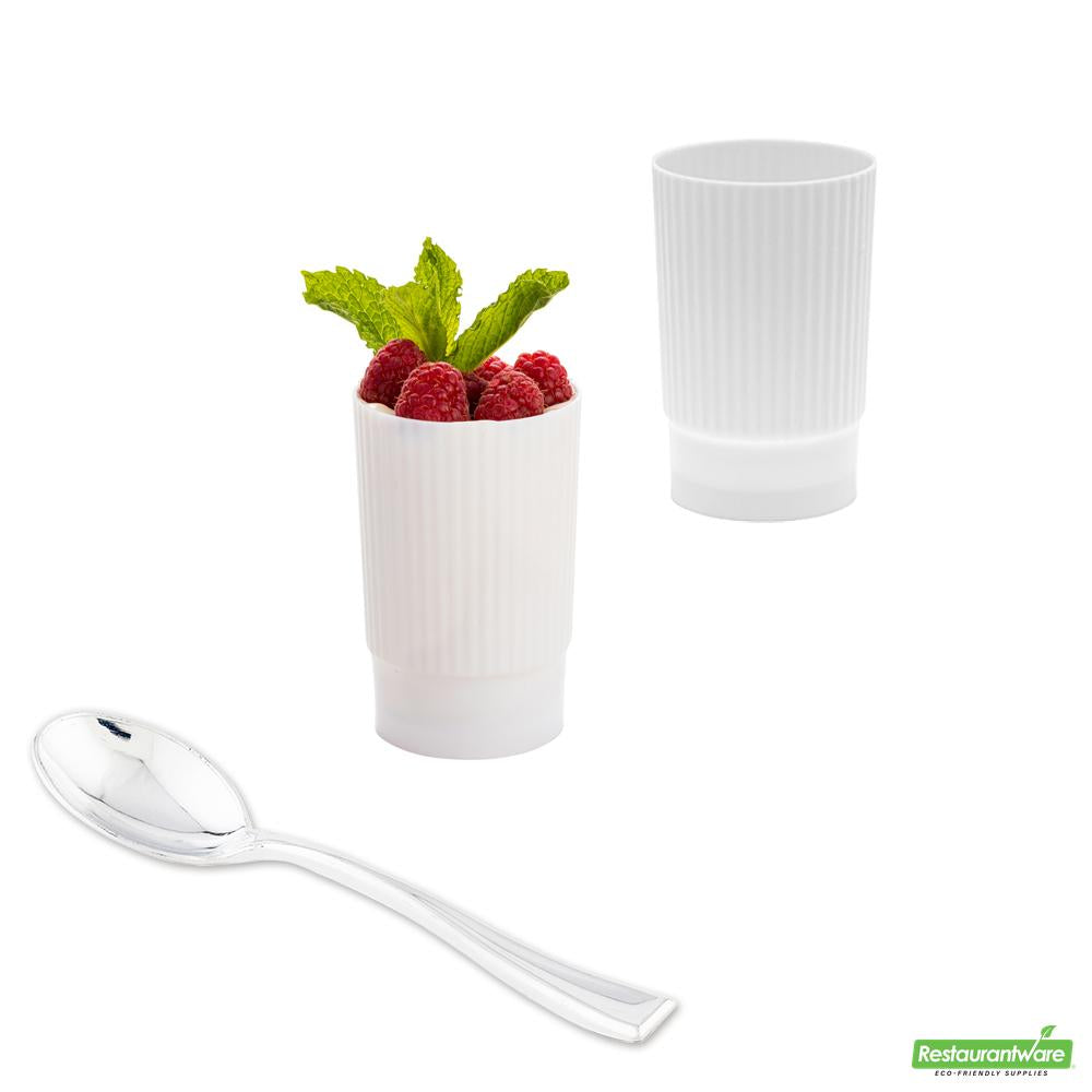 Wholesale Restaurantware Bundle: 100 4 Oz White Toque Parfait Cups and 100 Silver 4 Spoons- Bulk