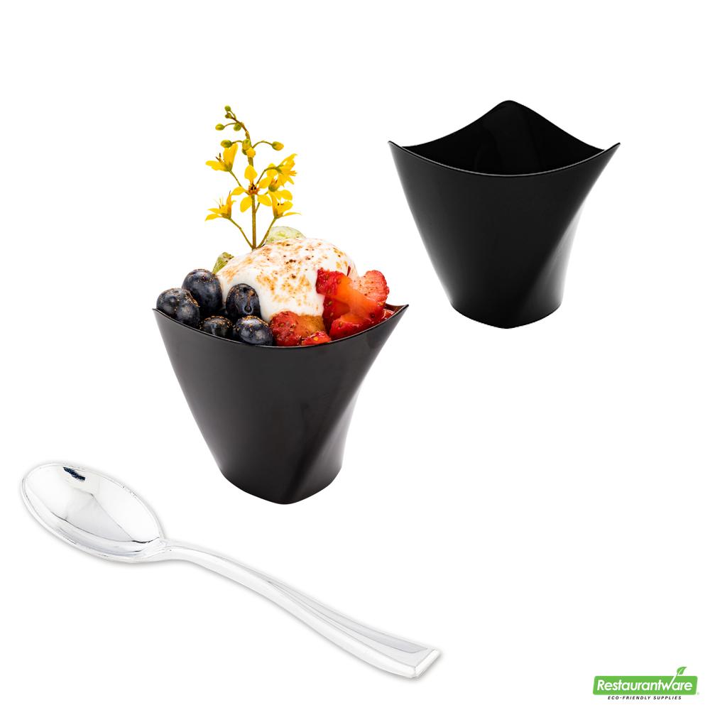 Wholesale Restaurantware Bundle: 100 4 Oz Black Mini Muttenberg Cups and 100 Silver 4 Spoons- Bulk