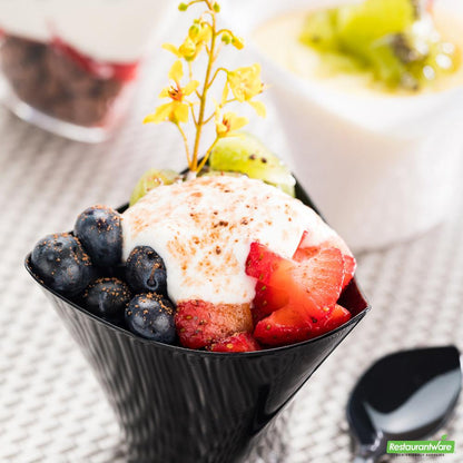 Wholesale Restaurantware Bundle: 100 4 Oz Black Mini Muttenberg Cups and 100 Silver 4 Spoons- Bulk