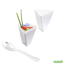 Wholesale Restaurantware Bundle: 100 4 Oz Triangle White Torcente Dessert Cups and 100 Silver 4 Spoons- Bulk
