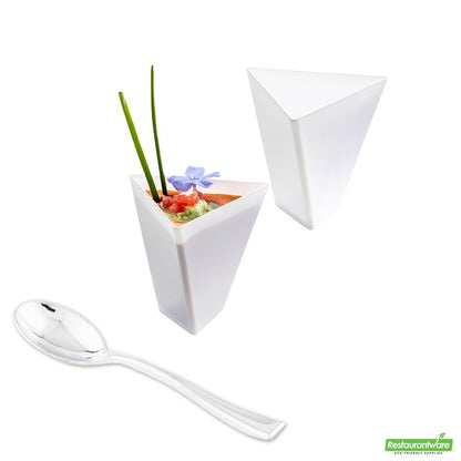 Wholesale Restaurantware Bundle: 100 4 Oz Triangle White Torcente Dessert Cups and 100 Silver 4 Spoons- Bulk