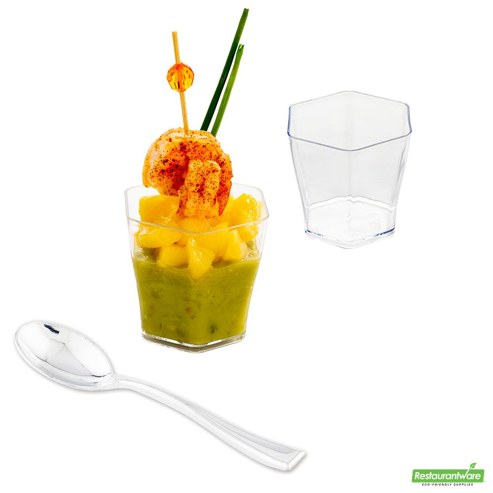 Wholesale Restaurantware Bundle: 100 2 Oz Hexagon Clear Plastic Glass and 100 Plastic 4 Spoons- Bulk