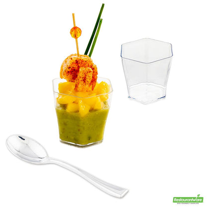 Wholesale Restaurantware Bundle: 100 2 Oz Hexagon Clear Plastic Glass and 100 Plastic 4 Spoons- Bulk
