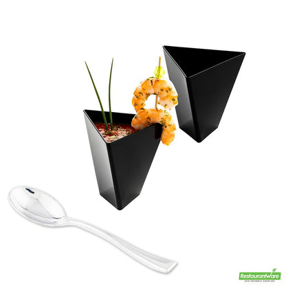 Wholesale Restaurantware Bundle: 100 4 Oz Black Torcente Dessert Cups and 100 Silver 4 Spoons- Bulk
