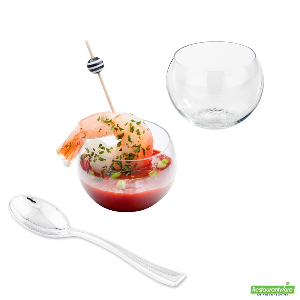 Wholesale Restaurantware Bundle: 100 2 Oz Sphere Clear Cups and 100 Silver 4 Spoons- Bulk