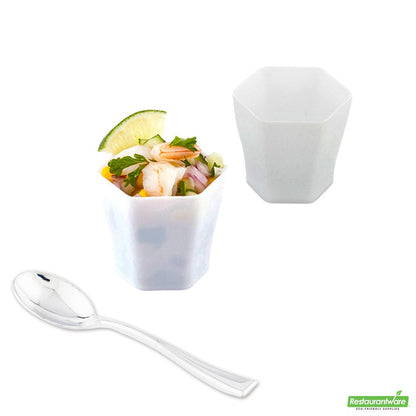 Wholesale Restaurantware Bundle: 100 2 Oz Hexagon White Plastic Glass and 100 Plastic 4 Spoons- Bulk
