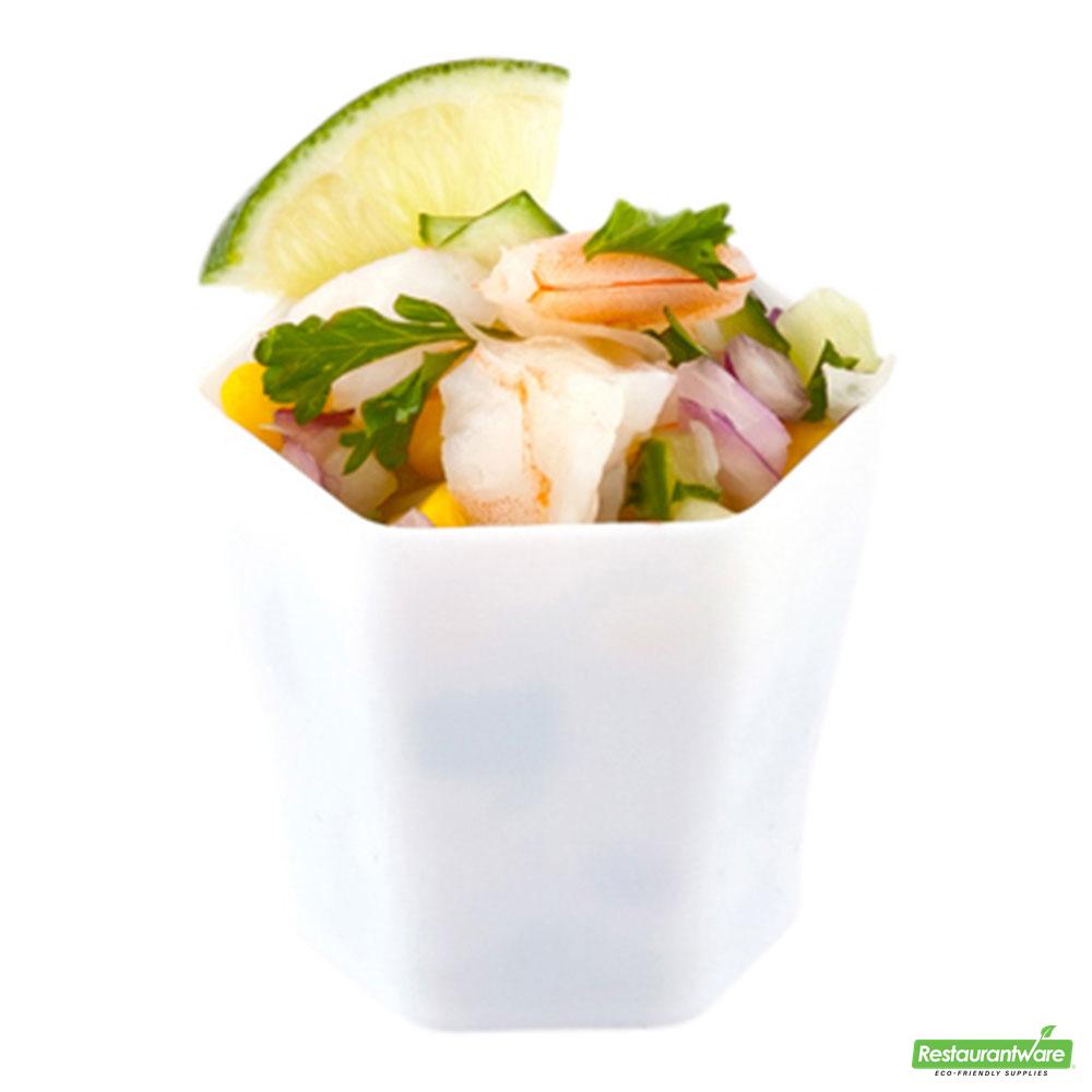 Wholesale Restaurantware Bundle: 100 2 Oz Hexagon White Plastic Glass and 100 Plastic 4 Spoons- Bulk