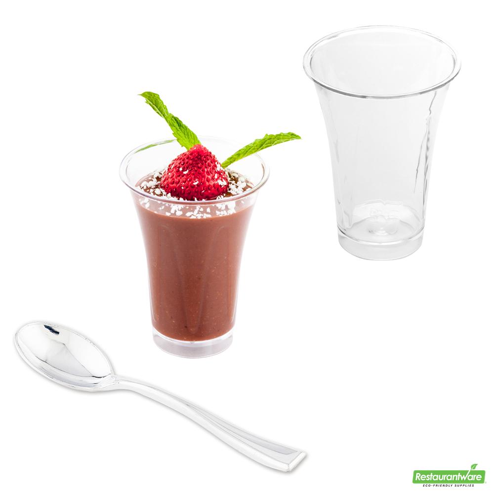 Wholesale Restaurantware Bundle: 100 2 Oz Round Clear Plastic Trumpet Cups and 100 Plastic 4 Spoons- Bulk