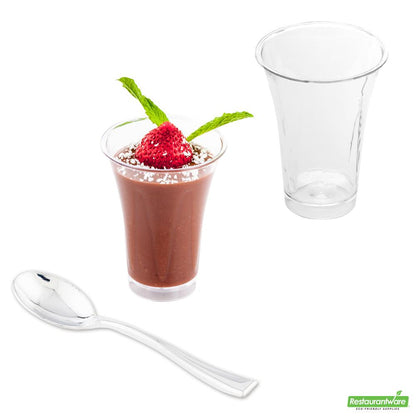 Wholesale Restaurantware Bundle: 100 2 Oz Round Clear Plastic Trumpet Cups and 100 Plastic 4 Spoons- Bulk