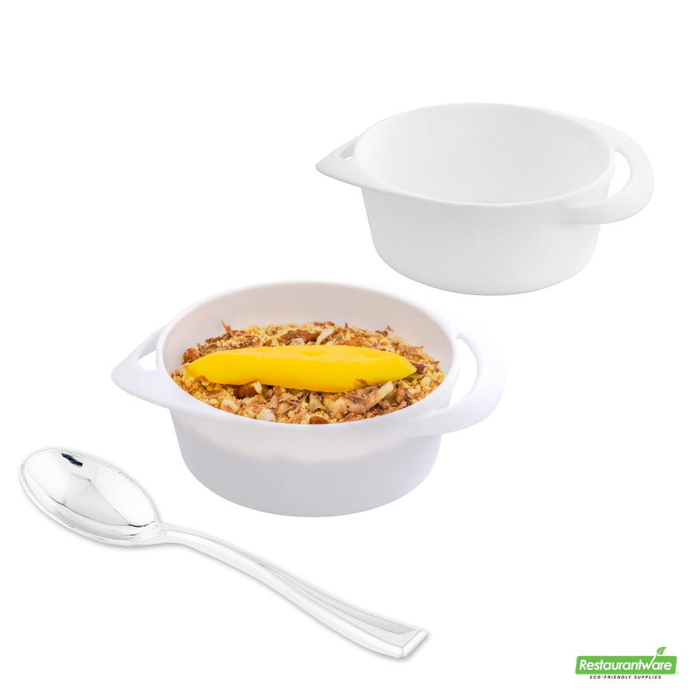 Wholesale Restaurantware Bundle: 100 3 Oz Round White Mini Infinity Pots and 100 Silver 4 Spoons- Bulk