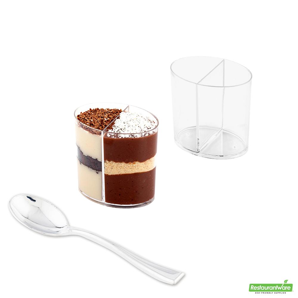 Wholesale Restaurantware Bundle: 100 4 Oz Oval Clear Plastic Duet Cups and 100 Plastic 4 Spoons- Bulk