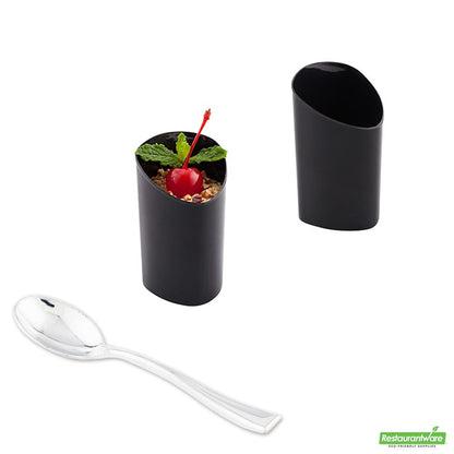 Wholesale Restaurantware Bundle: 100 3 Oz Black Plastic Triangolo Shot Glass and 100 Plastic 4 Spoons- Bulk