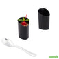 Wholesale Restaurantware Bundle: 100 3 Oz Black Plastic Triangolo Shot Glass and 100 Plastic 4 Spoons- Bulk