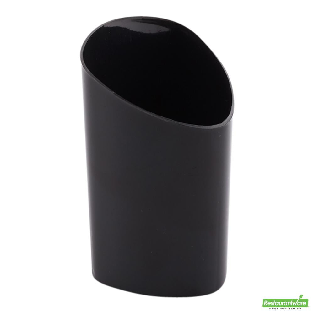 Wholesale Restaurantware Bundle: 100 3 Oz Black Plastic Triangolo Shot Glass and 100 Plastic 4 Spoons- Bulk