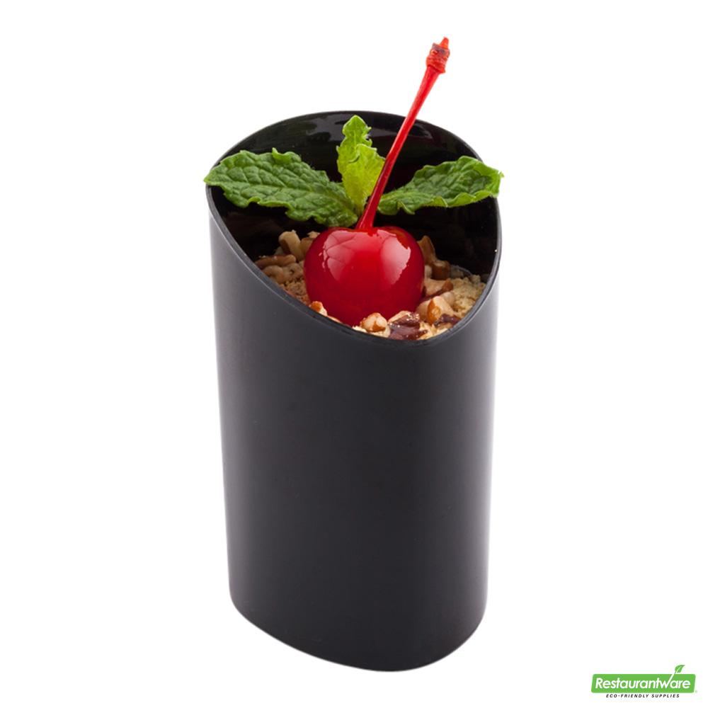 Wholesale Restaurantware Bundle: 100 3 Oz Black Plastic Triangolo Shot Glass and 100 Plastic 4 Spoons- Bulk