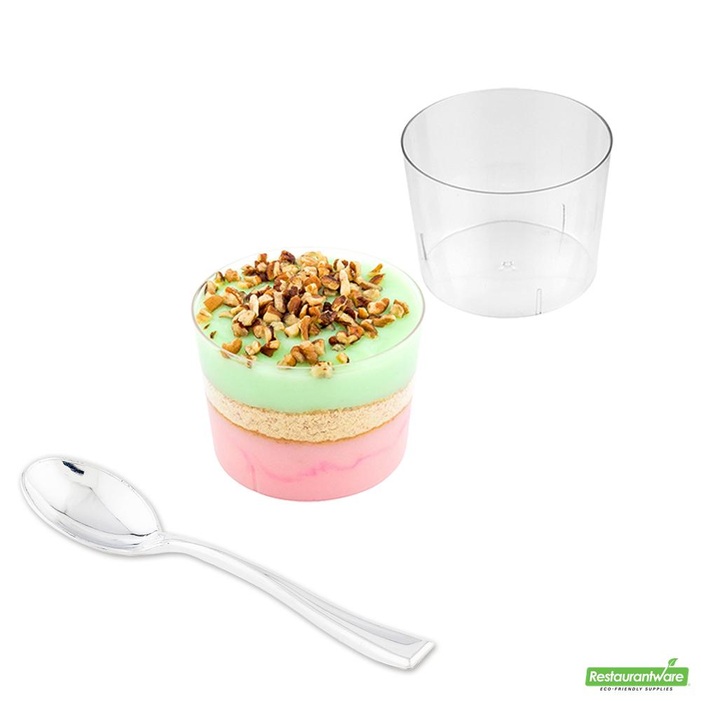 Wholesale Restaurantware Bundle: 100 6 Oz Round Clear Cylindro Cups and 100 Silver 4 Spoons- Bulk