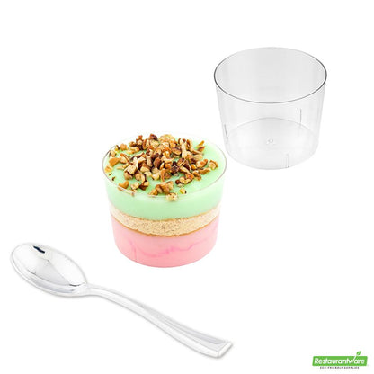 Wholesale Restaurantware Bundle: 100 6 Oz Round Clear Cylindro Cups and 100 Silver 4 Spoons- Bulk