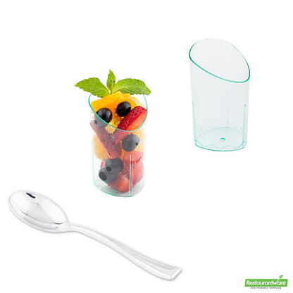Wholesale Restaurantware Bundle: 100 3 Oz Seagreen Plastic Shot Glass and 100 Plastic 4 Spoons- Bulk