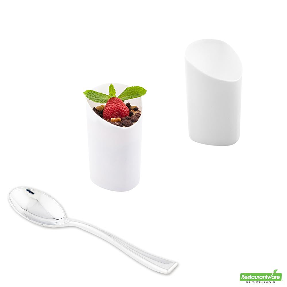 Wholesale Restaurantware Bundle: 100 3 Oz White Plastic Triangolo Shot Glass and 100 Plastic 4 Spoons- Bulk