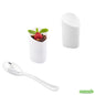 Wholesale Restaurantware Bundle: 100 3 Oz White Plastic Triangolo Shot Glass and 100 Plastic 4 Spoons- Bulk