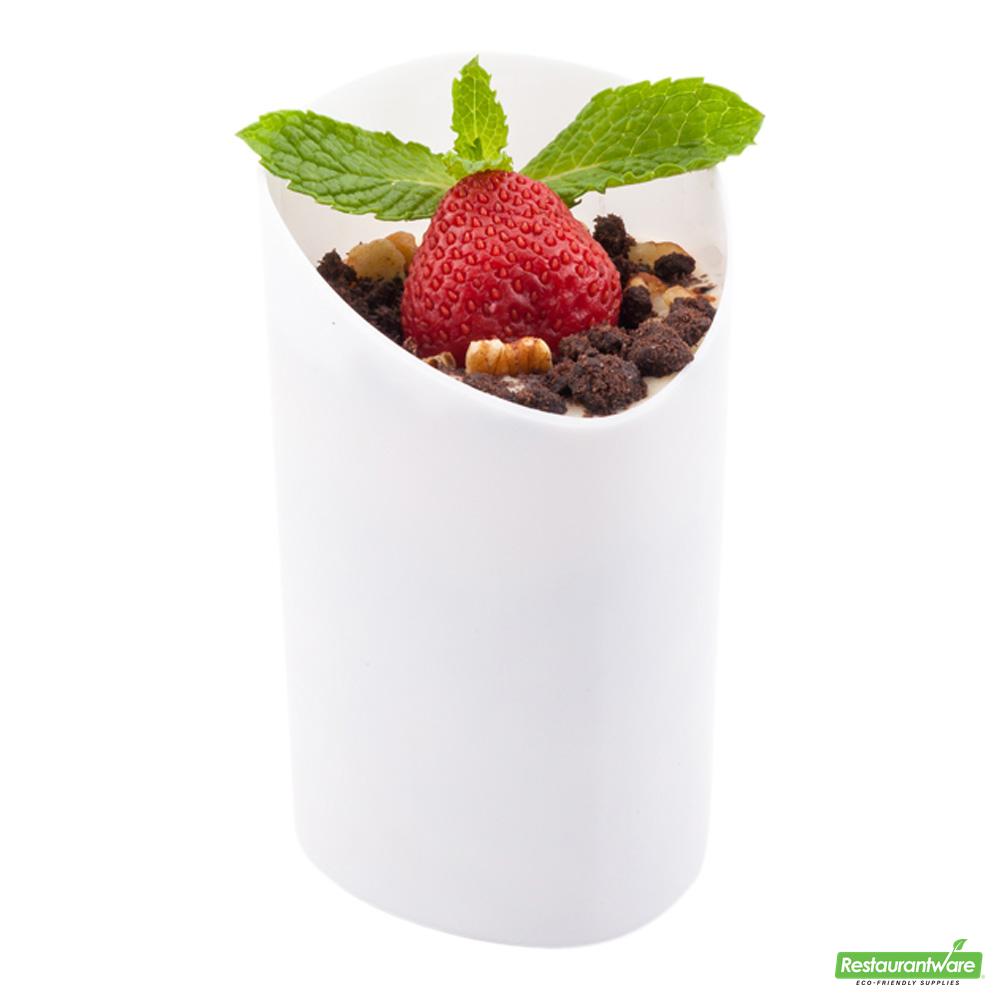 Wholesale Restaurantware Bundle: 100 3 Oz White Plastic Triangolo Shot Glass and 100 Plastic 4 Spoons- Bulk