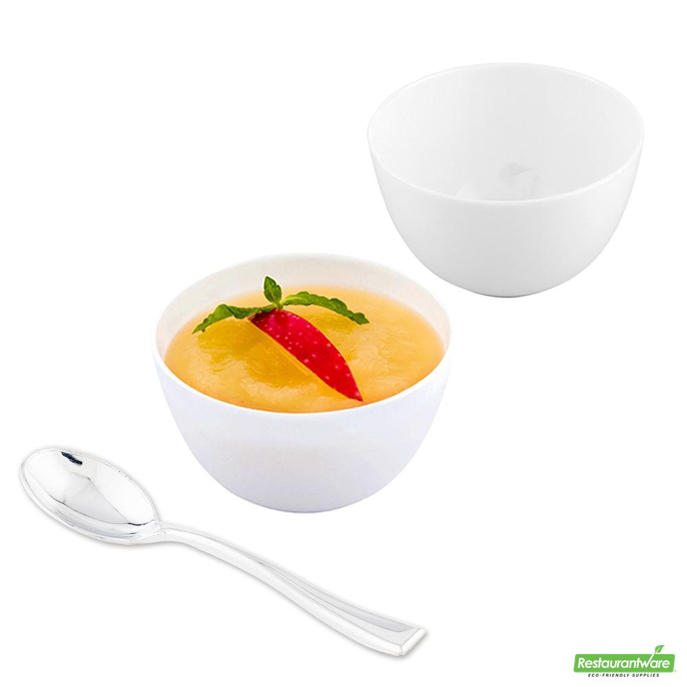 Wholesale Restaurantware Bundle: 100 4 Oz Round White Bodega Cups and 100 Silver 4 Spoons- Bulk