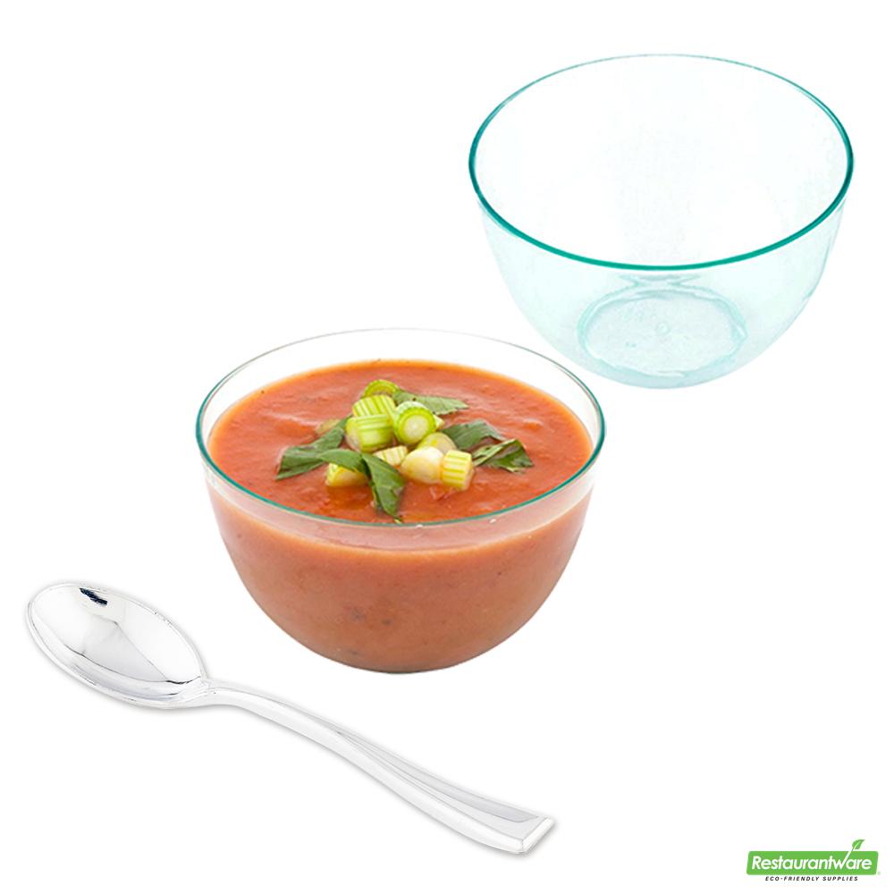 Wholesale Restaurantware Bundle: 100 4 Oz Round Seagreen Bodega Cups and 100 Silver 4 Spoons- Bulk