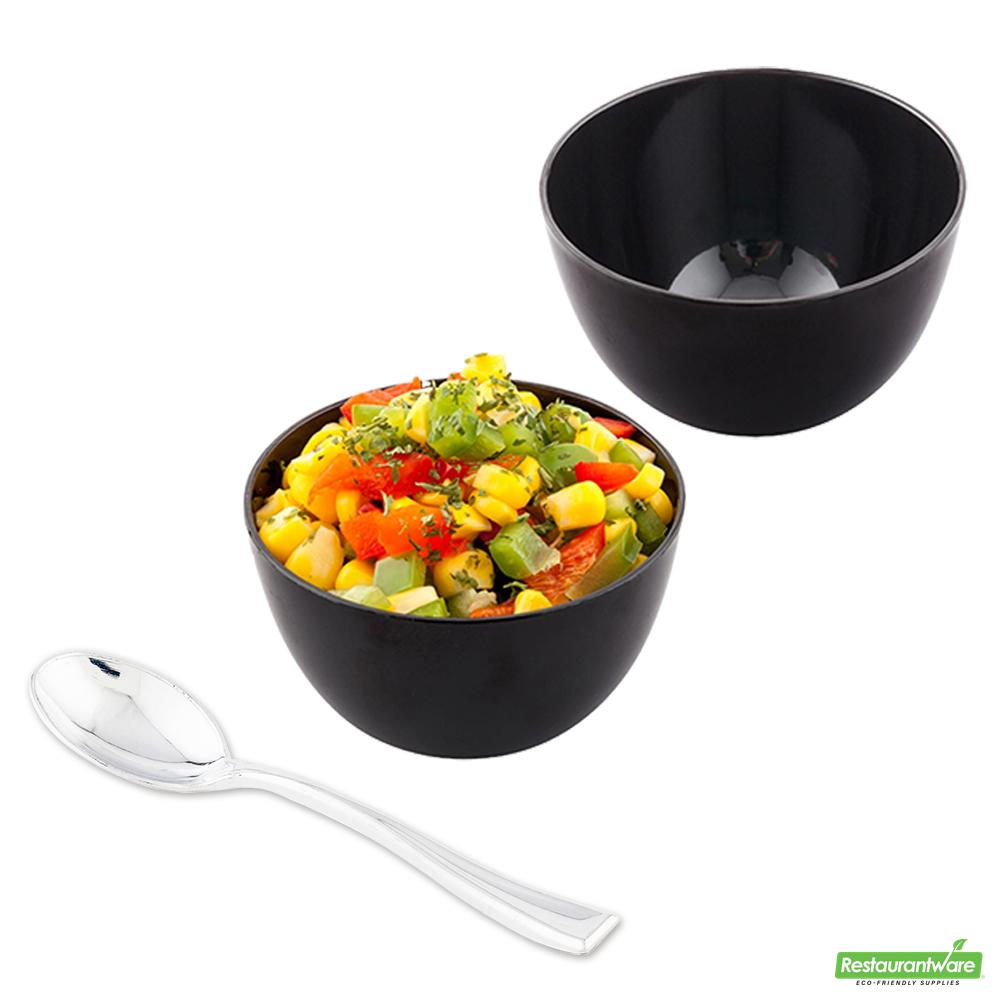 Wholesale Restaurantware Bundle: 100 4 Oz Round Black Bodega Cups and 100 Silver 4 Spoons- Bulk