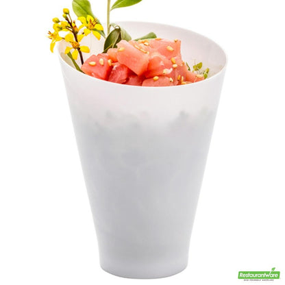 Wholesale Restaurantware Bundle: 100 7 Oz Round White Incline Glass and 100 Silver 4 Spoons- Bulk