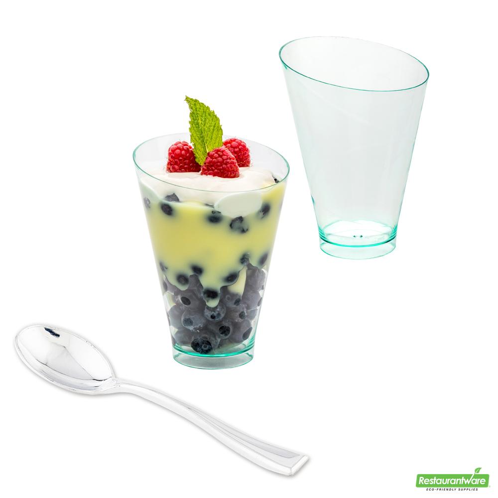 Wholesale Restaurantware Bundle: 100 7 Oz Round Seagreen Incline Glass and 100 Silver 4 Spoons- Bulk