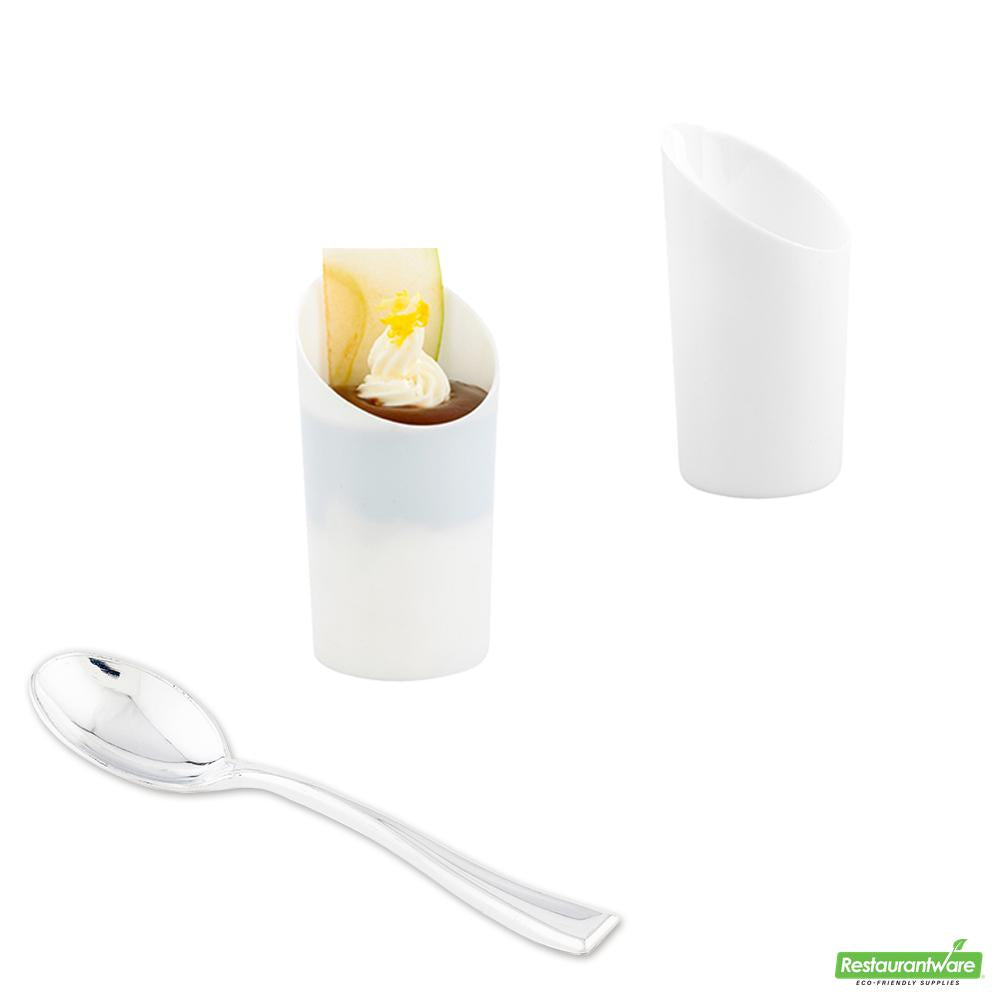 Wholesale Restaurantware Bundle: 100 3 Oz White Incline Shot Glasses and 100 Silver 4 Mini Spoons- Bulk