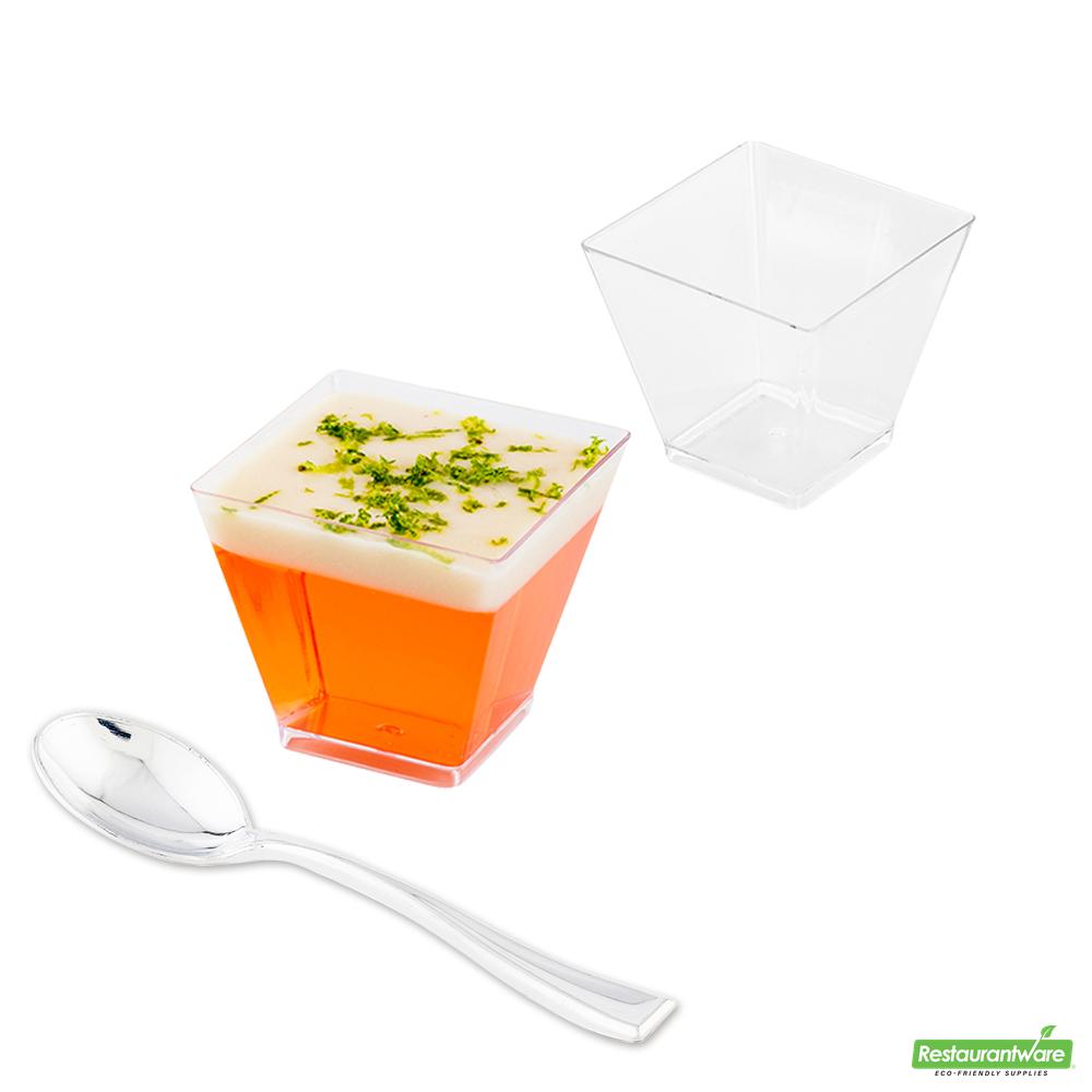 Wholesale Restaurantware Bundle: 300 2 Oz Clear Plastic Mini Kova Cups and 300 Silver 4 Mini Spoons- Bulk