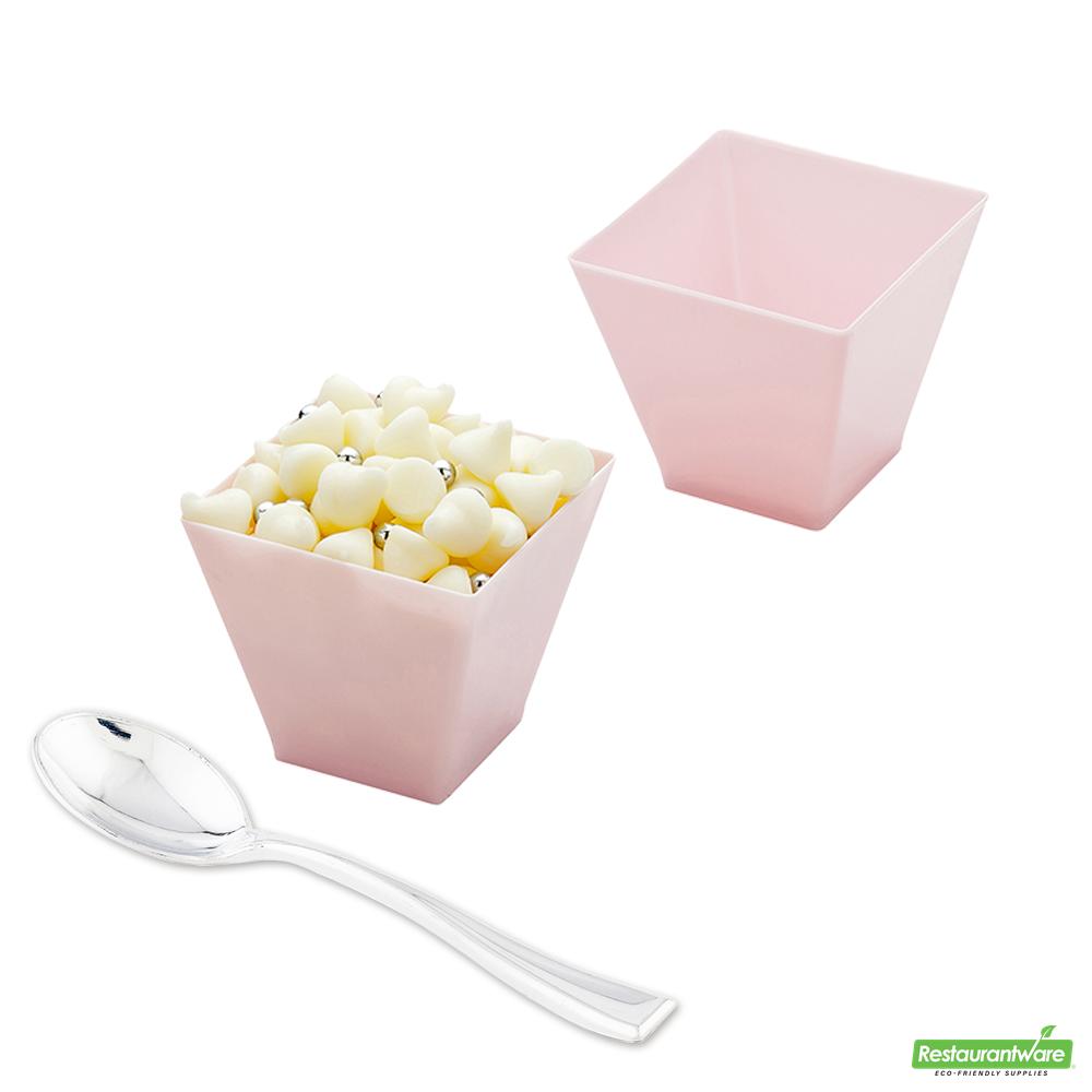 Wholesale Restaurantware Bundle: 100 2 Oz Powder Pink Plastic Kova Cups and 100 Silver 4 Mini Spoons- Bulk