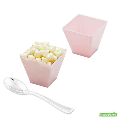 Wholesale Restaurantware Bundle: 100 2 Oz Powder Pink Plastic Kova Cups and 100 Silver 4 Mini Spoons- Bulk