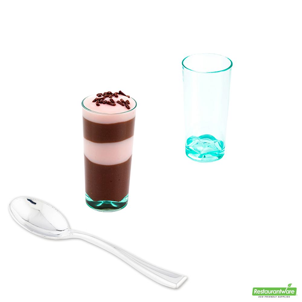 Wholesale Restaurantware Bundle: 100 2 Oz Round Seagreen Cannello Shot Glass and 100 Silver 4 Spoons- Bulk