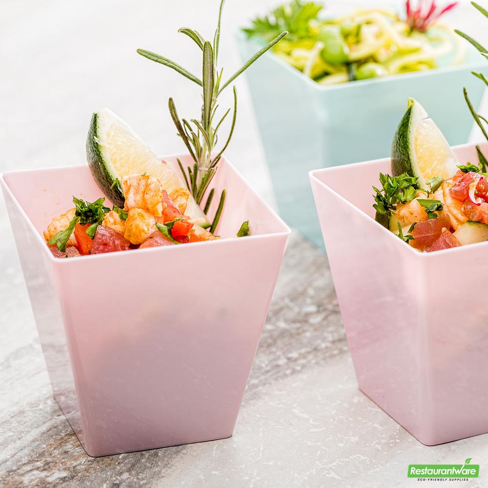 Wholesale Restaurantware Bundle: 100 8 Oz Square Powder Pink Large Kova Cups and 100 Silver 4 Spoons- Bulk