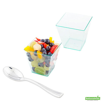 Wholesale Restaurantware Bundle: 100 8 Oz Square Seagreen Large Kova Cups and 100 Silver 4 Spoons- Bulk